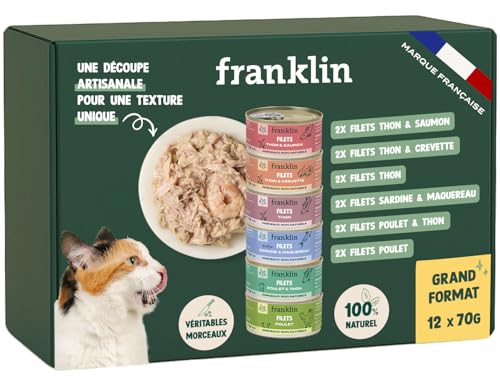 FRANKLIN – Nassfutter für Katzen – Filets in Brühe gekochter Katzensauce – 100 % natürlich, ohne Zusatzstoffe – schmackhafte Textur – reich an Proteinen – kalorienarm – Packung 12 x 70 g FRANKLIN – Nassfutter für Katzen – Filets in Brühe gekochter Katzensauce – 100 % natürlich, ohne Zusatzstoffe – schmackhafte Textur – reich an Proteinen – kalorienarm – Packung 12 x 70 g von Franklin