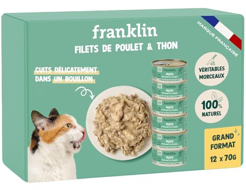 FRANKLIN – Nassfutter für Katzen – Hühnchen-Thunfischfilet in Brühe gekocht – 100 % natürlich, ohne Zusatzstoffe – schmackhafte Textur – reich an Proteinen – kalorienarm – Packung 12 x 70 g von Franklin