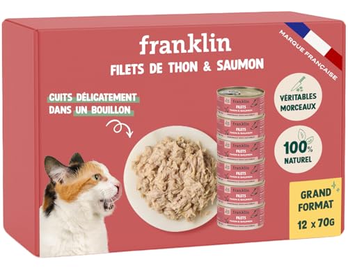 FRANKLIN – Nassfutter für Katzen – Thunfisch und Lachs in Brühe gekocht – 100 % natürlich, ohne Zusatzstoffe – schmackhafte Textur – reich an Proteinen – kalorienarm – Packung 12 x 70 g von Franklin