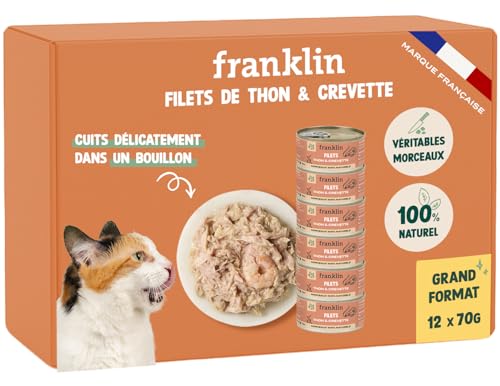 FRANKLIN – Nassfutter für Katzen – Thunfischfilet und Garnelen in Brühe gekocht – 100 % natürlich, ohne Zusatzstoffe – schmackhafte Textur – reich an Proteinen – kalorienarm – Packung 12 x 70 g FRANKLIN – Nassfutter für Katzen – Thunfischfilet und Garnelen in Brühe gekocht – 100 % natürlich, ohne Zusatzstoffe – schmackhafte Textur – reich an Proteinen – kalorienarm – Packung 12 x 70 g von Franklin