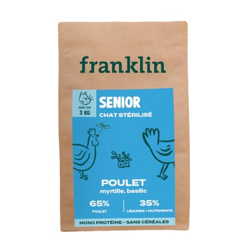 Franklin Fleischfresser - Trockenfutter für Seniorkatze - 3kg - 65% Geflügel - Getreidefrei - Vitalität - Gelenke - Größe 9mm - Huhn, Blaubeere, Basilikum von Franklin