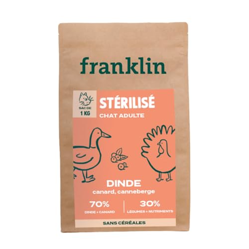 Franklin Trockenfutter für sterilisierte Katzen – Fleischfressende Reihe – mit 65 % Truthahn und Ente – reich an Proteinen – ohne Getreide – Größe 9 mm – 1 kg von Franklin