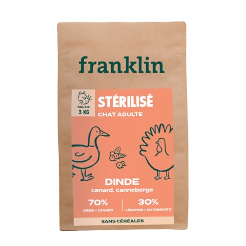 Franklin Fleischfresser - Trockenfutter sterilisiert Katze - 3kg - 70% Geflügel - Getreidefrei - Energiekonzentrat - Größe 9mm - Truthahn, Ente, Cranberry von Franklin