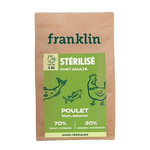 Franklin Fleischfresser, sterilisierte Katzenfutter, 3 kg, ohne Getreide, 70 % Fleisch und Fisch – Gewichtskontrolle – Größe 9 mm – Huhn, Thunfisch, Lachs von Franklin