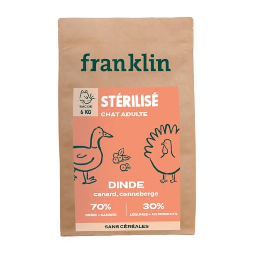 Franklin Fleischfresser - Trockenfutter Katzenfutter sterilisiert Katze - 6kg - 70% Geflügel - Getreidefrei - Energiekonzentrat - Größe 9mm - Truthahn, Ente, Cranberry Franklin Fleischfresser - Trockenfutter Katzenfutter sterilisiert Katze - 6kg - 70% Geflügel - Getreidefrei - Energiekonzentrat - Größe 9mm - Truthahn, Ente, Cranberry von Franklin