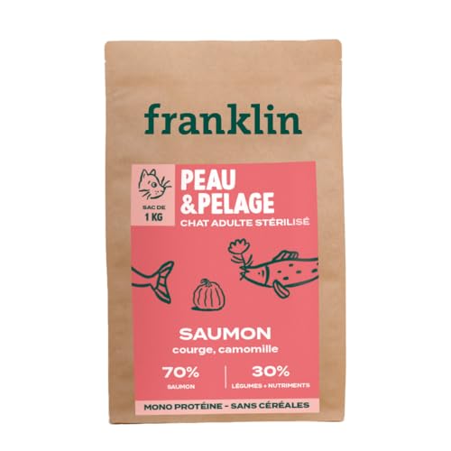 Franklin Katzenfutter Trockenfutter sterilisiert - 1kg - getreidefrei - 70% Fleisch - Hypoallergen - Lachs, Kürbis, Kamille von Franklin