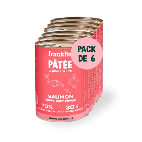 Franklin Patée für Hunde - 6x400g - 70% Fleisch & Fisch - Gewichtskontrolle & Glanz der Haare - Lachs, Truthahn, Cranberry Franklin Patée für Hunde - 6x400g - 70% Fleisch & Fisch - Gewichtskontrolle & Glanz der Haare - Lachs, Truthahn, Cranberry von Franklin