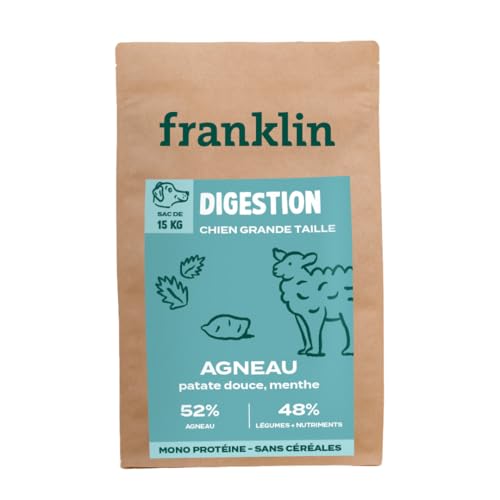 Franklin – Trockenfutter für empfindliche Hunde – Proteinreihe – mit 70% Lamm und Truthahn – getreidefrei – Mono-Protein – Größe 18 mm – 15 kg von Franklin