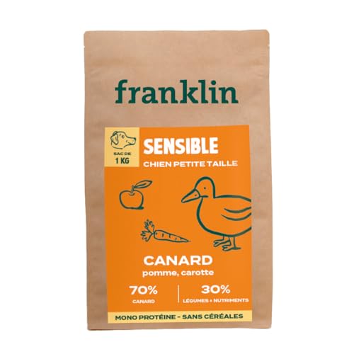 Franklin – Trockenfutter für Hunde ohne Getreide – Proteinreihe – mit 70 % Ente – Monoprotein – einfache Verdauung – Größe 8 mm – 1 kg von Franklin