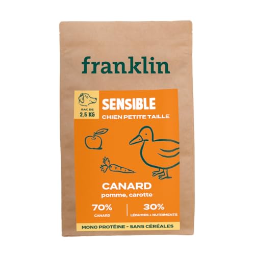 Franklin – Trockenfutter für Hunde ohne Getreide – Proteinreihe – mit 70 % Ente – Monoprotein – einfache Verdauung – Größe 8 mm – 2,5 kg von Franklin