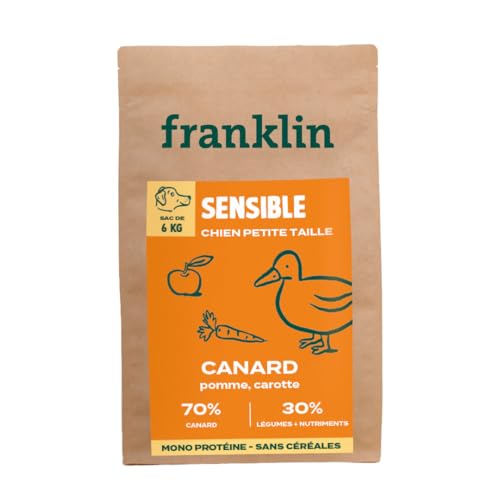Franklin – Trockenfutter für Hunde ohne Getreide – Proteinreihe – mit 70 % Ente – Monoprotein – einfache Verdauung – Größe 8 mm – 6 kg von Franklin
