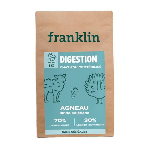 Franklin – Katzenfutter, Trockenfutter für empfindliche sterilisierte Katzen, glutenfrei – 1 kg – ohne Getreide – leichte Verdauung – Anti-Stress-Katze – Lamm, Truthahn, Baldrian von Franklin