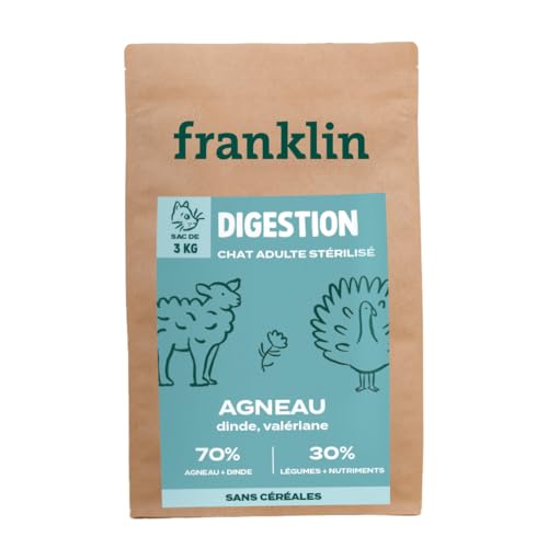 Franklin – Trockenfutter für empfindliche sterilisierte Katzen – 3 kg – ohne Getreide – leichte Verdauung – Anti-Stress-Katze – Lamm, Truthahn, Baldrian von Franklin