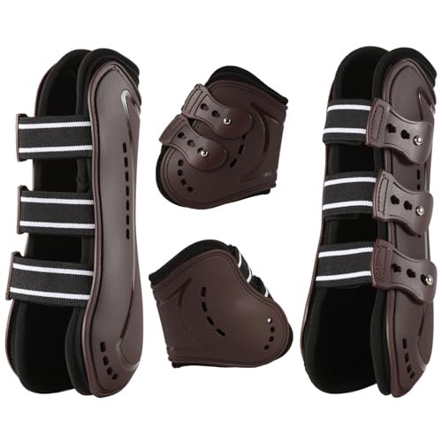 Frdhee Gamaschen & Streichkappen, 4er Set Gamaschen Pferd mit Schlagschutz Pferde-Sportstiefel Neopren Pferdesehne Bandage Reitausrüstung für Springen, Reiten, Events, Dressur, L, Braun von Frdhee