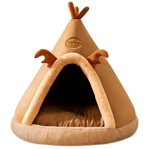 Katzenhöhlenbett, Indoor Hundehütte für Katzen Welpen Kleine Hunde, Warmes Winter Haustierbett mit Abnehmbarem Kissen für Entspannten Schlaf (Kamelbraun, M) von Freefire