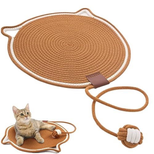 Frenaki Celery Pets Doppel-Kratzunterlage, Kratzunterlage für Hauskatzen, aus natürlichem Baumwollseil gewebtes Katzenkratzunterlage mit Katzenballspielzeug, waschbar, großes Katzenbett (42cm,Braun) von Frenaki