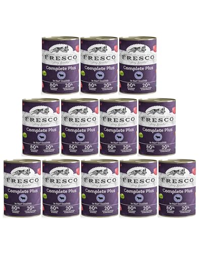 FRESCO Dog Nassbarf Complete Plus Lamm 12x400g | getreidefreies Nassfutter für Hunde in Barf Qualität | aus 100% frischem Fleisch, Innereien, Obst und Gemüse | ohne künstliche Zusätze von Fresco Dog