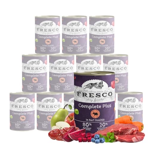 FRESCO Dog Nassbarf Complete Plus Rind 12x400g | getreidefreies Nassfutter für Hunde in Barf Qualität | aus 100% frischem Fleisch, Innereien, Obst und Gemüse | ohne künstliche Zusätze von Fresco Dog