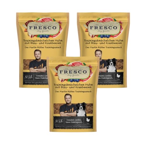 Fresco Trainingsknöchelchen Huhn mit Blaubeeren & Kranbeeren | 3er Pack | 3 x 150 g | Ergänzungsfuttermittel für Hunde | Zum Training oder als Belohnung zwischendurch | Ohne künstliche Zusätze Fresco Trainingsknöchelchen Huhn mit Blaubeeren & Kranbeeren | 3er Pack | 3 x 150 g | Ergänzungsfuttermittel für Hunde | Zum Training oder als Belohnung zwischendurch | Ohne künstliche Zusätze von Fresco Dog