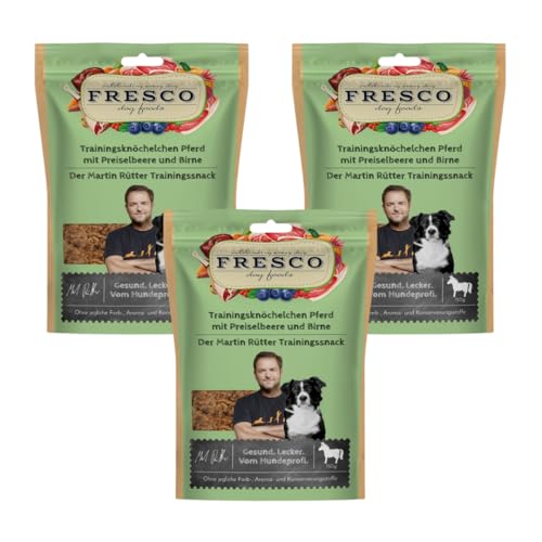 Fresco Trainingsknöchelchen Pferd mit Preiselbeere & Birne | 3er Pack | 3 x 150 g | Ergänzungsfuttermittel für Hunde | Zum Training oder als Belohnung zwischendurch | Ohne künstliche Zusätze Fresco Trainingsknöchelchen Pferd mit Preiselbeere & Birne | 3er Pack | 3 x 150 g | Ergänzungsfuttermittel für Hunde | Zum Training oder als Belohnung zwischendurch | Ohne künstliche Zusätze von Fresco Dog