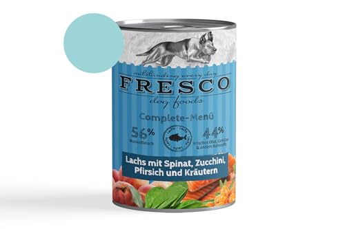 Fresco Complete-Menü 12x 400g Lachs m. Spinat, Zucchini, Pfirsich & Kräutern (haltbares B.A.R.F.) | ohne künstliche Zusätze | Getreidefrei | schonend dampfgegart von Fresco
