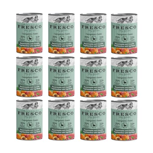 Fresco Complete-Menü Bauernente mit Kartoffeln, Tobinambur und Aprikose | 12er Pack | 12 x 400 g | Nassbarf für Hunde | Wichtige Proteine & Eiweiß | Aus reinem Muskelfleisch von Fresco