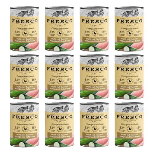 Fresco Complete-Menü Huhn mit Zucchini, Mango & Rote Beete | 12er Pack | 12 x 400 g | Nassbarf für Hunde | Wichtige Proteine & Eiweiß | Aus reinem Muskelfleisch von Fresco