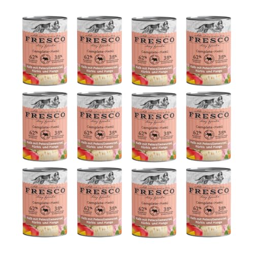 Fresco Complete-Menü Kalb mit Petersilienwurzel, Mango & Johannisbeere | 12er Pack | 12 x 400 g | Nassbarf für Hunde | Wichtige Proteine & Eiweiß | Aus reinem Muskelfleisch von Fresco