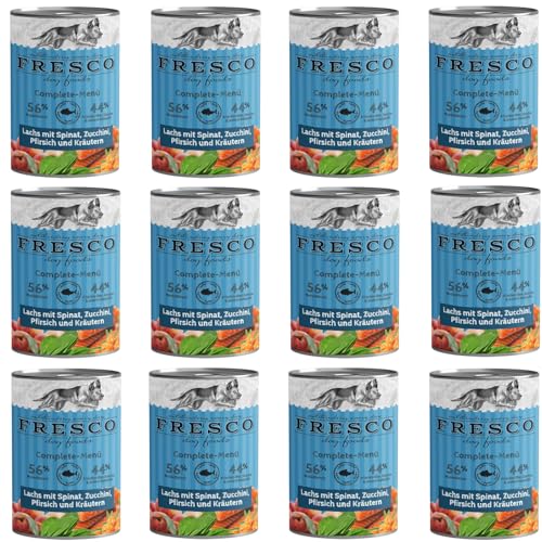 Fresco Complete-Menü Lachs mit Spinat, Sanddornbeeren und Kräutern | 12er Pack | 12 x 400 g | Nassbarf für Hunde | Mit Omega-3 | Grob zerkleinertes Naturprodukt Fresco Complete-Menü Lachs mit Spinat, Sanddornbeeren und Kräutern | 12er Pack | 12 x 400 g | Nassbarf für Hunde | Mit Omega-3 | Grob zerkleinertes Naturprodukt von Fresco
