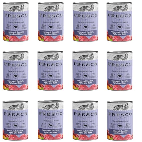 Fresco Complete-Menü Lamm mit Zucchini, Apfel und Chiasamen | 12er Pack | 12 x 400 g | Nassbarf für Hunde | Wichtige Vitamine & Nährstoffe | Grob zerkleinertes Naturprodukt von Fresco