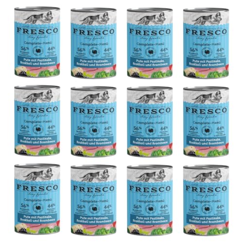 Fresco Complete-Menü Pute mit Pastinake, Brombeeren & Löwenzahn | 12er Pack | 12 x 400 g | Nassbarf für Hunde | Wichtige Proteine & Eiweiß | Grob zerkleinertes Naturprodukt von Fresco