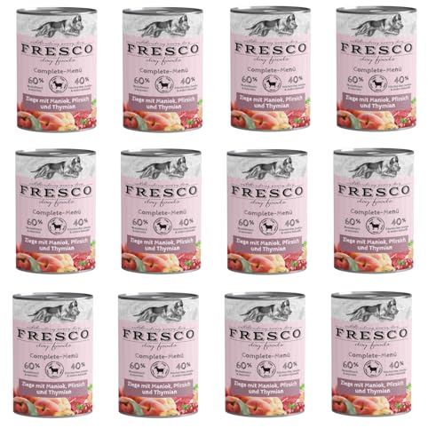 Fresco Complete-Menü Ziege mit Maniok, Pfirsich und Thymian | 12er Pack | 12 x 400 g | Nassbarf für Hunde | Wichtige Vitamine & Linolsäure | Grob zerkleinertes Naturprodukt von Fresco