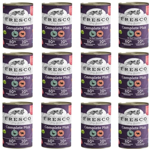 Fresco Complete Plus Ente mit Rind | 12er Pack | 12 x 400 g | Haltbares Nassbarf für Hunde | Mit Vitamin B12, Eisen, Zink und Selen für das Immunsystem | Mit wichtigen Proteinen von Fresco