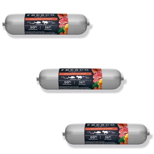Fresco Dog Barf Wurst Complete-Menü Lachs und Rind mit Karotte | 3er Pack | 3 x 400 g | Futtermittel für Hunde mit Lachs und Rind mit Karotte | Enthält Omega-3-Fettsäuren Fresco Dog Barf Wurst Complete-Menü Lachs und Rind mit Karotte | 3er Pack | 3 x 400 g | Futtermittel für Hunde mit Lachs und Rind mit Karotte | Enthält Omega-3-Fettsäuren von Fresco Dog