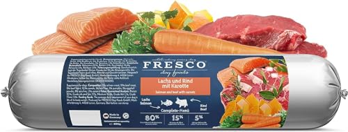 Fresco Dog Barf Wurst Complete-Menü Lachs und Rind mit Karotte | 400 g | Futtermittel für Hunde mit Lachs und Rind mit Karotte | Kann dabei helfen Hunde optimal zu versorgen von Fresco