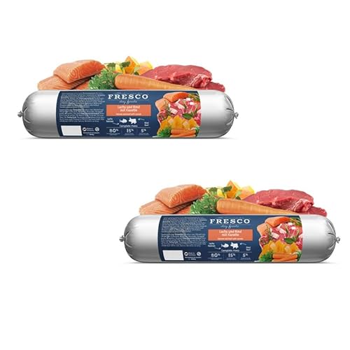 Fresco Dog Barf Wurst Complete-Menü Lachs und Rind mit Karotte | Doppelpack | 2 x 400 g | Futtermittel für Hunde mit Lachs und Rind mit Karotte | Enthält Omega-3-Fettsäuren von Fresco