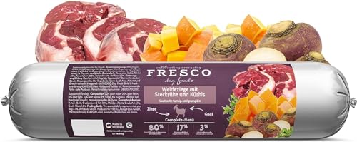 Fresco Dog Barf Wurst Complete-Menü Weideziege mit Steckrübe | 400 g | Futtermittel für Hunde mit Weideziege und Steckrübe | Kann dabei helfen Hunde optimal zu versorgen von Fresco