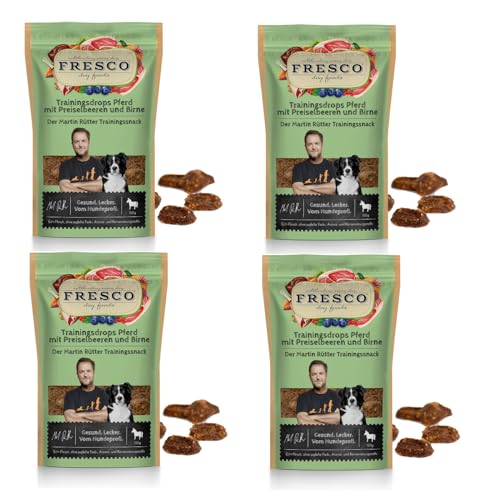 Fresco Martin Rütter Trainingsdrops Pferd mit Preiselbeeren und Birne | 4er Pack | 4 x 150 g | Natürlicher Monoproteinsnack für Hunde | Getreidefreie Rezeptur von Fresco