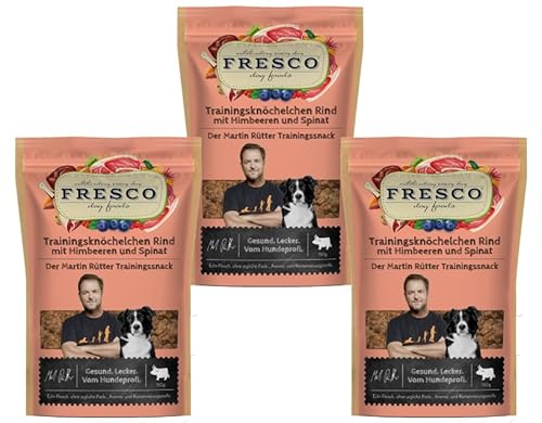 Fresco Martin Rütter Trainingsknöchelchen | 3X 150g | Natürlicher Monoproteinsnack aus reinem Rindfleisch mit Himbeeren und Spinat | Hundeleckerli | Leckerer Snack für Hunde | Gesund und natürlich von Fresco