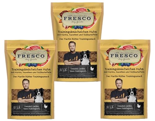 Fresco Martin Rütter Trainingsknöchelchen | Natürlicher Monoproteinsnack aus reinem Hähnchenfleisch mit Kürbis, Karotten und Süßkartoffeln | 3X 150g | Leckerer Snack für Hunde | Gesund und natürlich von Fresco