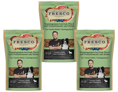 Fresco Martin Rütter Trainingsknöchelchen | Natürlicher Monoproteinsnack aus reinem Pferdefleisch mit Preiselbeeren und Birne | 3er Pack | 3 x 150 g | Leckerer Snack für Hunde von Fresco