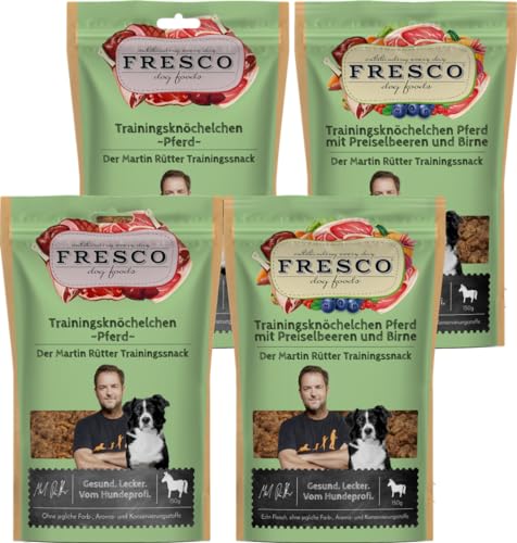 Fresco Martin Rütter Trainingsknöchelchen Probierpaket Pferd | 4 x 150 g | Natürlicher Monoproteinsnack | Leckerer Snack für Hunde Fresco Martin Rütter Trainingsknöchelchen Probierpaket Pferd | 4 x 150 g | Natürlicher Monoproteinsnack | Leckerer Snack für Hunde von Fresco