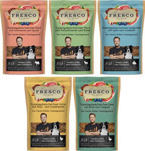 Fresco Martin Rütter Trainingsknöchelchen Probierpaket | je 1x Rind, Pferd, Kaninchen, Huhn & Ente | 5 x 150g | Natürlicher Monoproteinsnack | Leckerer Snack für Hunde von Fresco