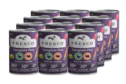 Fresco Complete Plus 12 x 400g Ente mit Rind (haltbares B.A.R.F.) | Vorteilspaket | Nassfutter für Hunde | getreidefrei | ohne künstliche Zusätze | natürliches und gesundes Hundefutter von Fresco