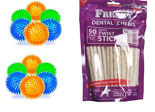 1 x frische Zahnarztdrehung – Milch Twist Rod – 50 Stück Maxi-Pack + 12 Packungen Kauspielzeug für Hunde, TPR-Hunde-Greifball in 3 Farben für Hunde-Hüpfbälle von Freshy