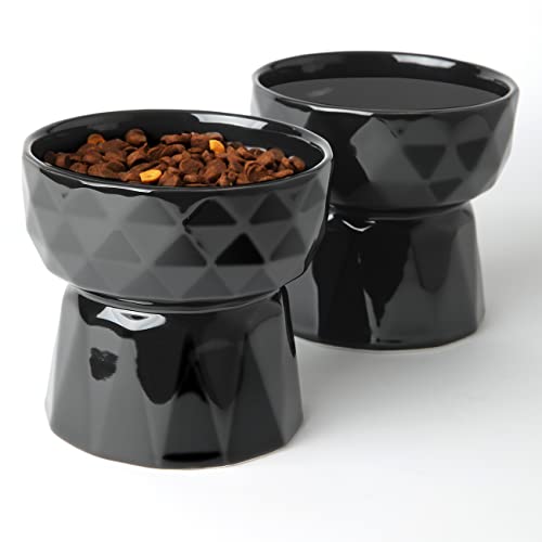 Frewinky Katzennäpfe, Keramik-Katzennäpfe gegen Erbrechen, erhöhtes Katzenfutter- und Wassernapf-Set für Katzen und kleine Hunde, 383 ml, Schwarz von Frewinky