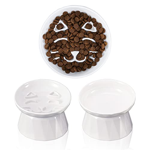 Frewinky Keramik-Futternäpfe für Katzen, langsames Füttern für Trocken- und Nassfutter- und Wassernapf-Set für Katzen und kleine Hunde, erhöhte Katzenfutterstation, 2 Stück von Frewinky