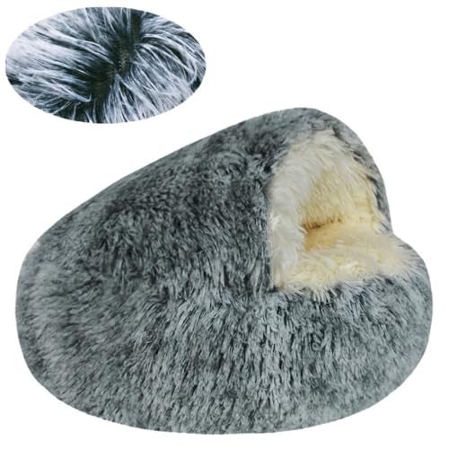Freyamy Hundebett Katzenbett Rund Halb Geschlossener mit Kapuze Kleine Hunde Mittelgroß Hunde Haustierbett Waschbar rutschfest Hundebetten Lang Plüsch Warmes Hundekorb Dunkelgrau Ø70CM von Freyamy
