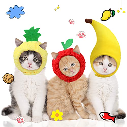 3 Stück Katzen Hüte Banane Ananas Rote Frucht Förmige Mütze Weiche Kappe Einstellbares Zubehör Atmungsaktive Kopfbedeckung für Katze Kätzchen Welpen Haustier Festival Geburtstag von Frienda