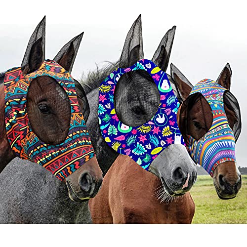 3 Stück Pferd Fliegenmaske mit Ohren Sonnenschutz Glatt und Elastizität Pferdemaske für Pferde (l) von Frienda